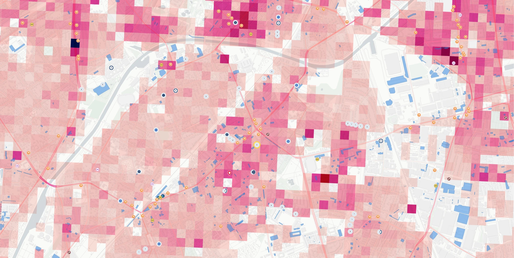 Heatmap eines Stadtgebiets: farblich abgestuftes Standortpotenzial für Ladeinfrastruktur, mit Ladepunkten und Points of Interest